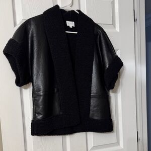Sundays Black Leather Jacket with Textured Trim